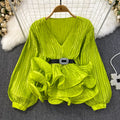 Lantern Long Sleeve V-neck Loose Belly-covering Waist Ruffle Hem Pullover Shirt