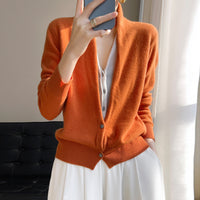 Pure Wool Women's Spring And Autumn V-neck Stitching Coat Knitted Top