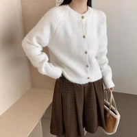 Metal Buckle Round Neck Knitted Cardigan Loose Casual