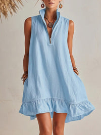 New Stylish Casual Loose Half-Zip Sleeveless Dress With Ruffle Hem