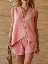 Casual Cotton-Linen V-Neck Buttoned Sleeveless Top And Shorts Two-Piece Set