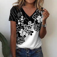 Women's Flower Printed V-neck Short-sleeved Printed T-shirt