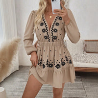 Embroidered Deep V-Neck Long-Sleeve European And American-Style Dress