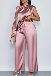 Spot 2026 European And American Cross-border Summer Casual Women's Satin Suit Slanted Collar Short-sleeved Top Trousers Set
