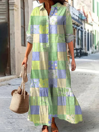 Womens Long-Sleeve Lapel-Neck Digital-Print Dress