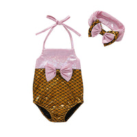 One-piece Fish Scale Swimsuit With Bow Sling