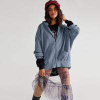 Waffle-knit Cardigan With Zipper Relaxed-fit Women's Hoodie
