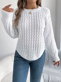 Women Casual Solid Color Cable Knit Lantern Sleeve Irregular Pullover Sweater