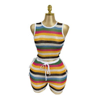 Bold Contrasting Striped Hollow-Out Drawstring Vest