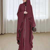 Elegant Long Robe With Batwing Sleeves And White Trim