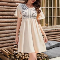 Casual Loose V-Neck Printed Defined-Waist Short-Sleeve Womens Dress