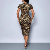 Womens Fashionable & Elegant Short-Sleeve Leopard-Print Sheath Dress