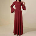 Round-neck Long-sleeve Minimalist Red Maxi Dress With A Fitted Waist And Panel Detailing