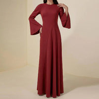 Round-neck Long-sleeve Minimalist Red Maxi Dress With A Fitted Waist And Panel Detailing