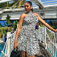 Necktie Button Printed Striped Sleeveless Dress