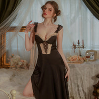 Solid Color Satin With Chest Pad Lace Slip Nightdress
