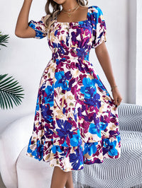 Women's Casual Floral Print Square Neck Short Sleeve Tie Waist Ruffle A-Line Dress