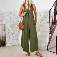 Women's Casual Sleeveless V-neck Pocket Wide Leg Jumpsuit