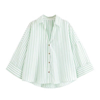 Women's Fashionable Slim-Fit Linen Multi-Color Striped Long-Sleeve Shirt