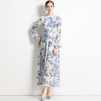 Arrival Stand Collar Ink-Printed Slim-fit Figure-flattering Long-sleeve Shirt Dress