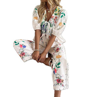 New Street-style Fashion V-neck Tie-front Short-sleeve Set With A Bold Print
