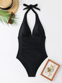 One Piece Swimsuit Halter Deep V-neck Gather Conservative Swimsuit For Women