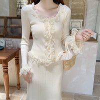 Women's Lace Patchwork Black Fungus Edge Knitted Cardigan Jacket