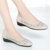 Women's Leather Shoes Low Heel Perforated Breathable Sandals