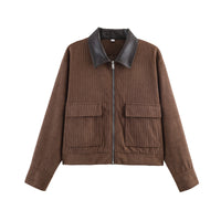 Women's Casual Corduroy Patchwork Leather-Trimmed Jacket Coats