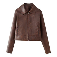 Women's Retro Lapels Long-sleeved Zipper Leather Jacket Skirt