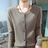 Womens Loose Button-up Solid-color Cropped Sweater With A Crew Neck