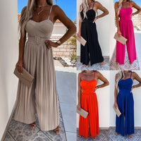 Women's Solid Color Sling Pleated Jumpsuit