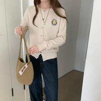 College Style Badge Embroidered Knitted Cardigan For Women