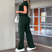 Womens Solid-Color Simple Crew-Neck Short-Sleeve Top And Straight-Leg Pants Set