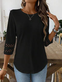 Womens Casual T-Shirt With A Crew Neck Patchwork Lace And Three-Quarter Sleeves