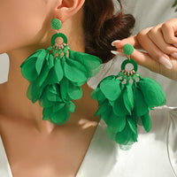Bohemian Handmade Fabric Chiffon Flower Dangle Earrings For Women Tropical Beach Vacation Party Oversized Statement Jewelry