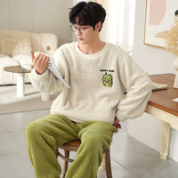 Coral Velvet Pajamas Men's Winter Thicken Thermal Pullover Round Neck Flannel Home Wear