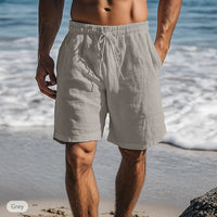 Cotton Linen Shorts Drawstring Elastic Waist Straight Leg