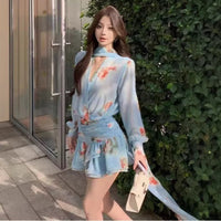 Women's Elegant Ribbon-Trimmed Printed V-Neck Long-Sleeve Shirt And Skirt Set
