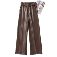 Womens Straight-Leg Leather Pants High-Waisted Fashionable Wide-Leg Pants