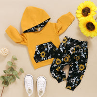 Girls' Solid Color Long Sleeve Hooded Top And Floral Trousers Two Piece Set