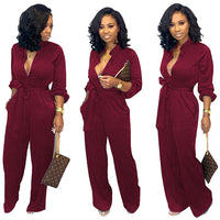 Waist Long Sleeve Fashion Casual Wide-leg Jumpsuit