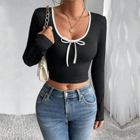 Women's Fashion Simple Style Versatile T-shirt AutumnWinter EuropeanAmerican Slim Fit Short Sexy Color Block Top