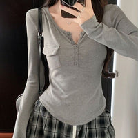 Womens Allure-Driven Slimming Fashionable Long-Sleeve Top With Buttons