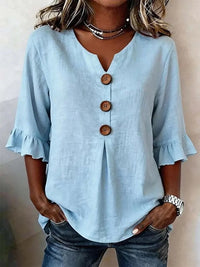 Women's V-neck Cotton-linen Button-up Top