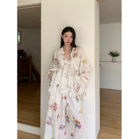 Tencel Ramie Botanical Floral Print Sun-protective Shirt With Fluttering Ribbons And Elastic Waistband Beach Pants