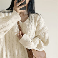 V-neck Mid-length Sweater Thick Long-sleeved Knitted Top