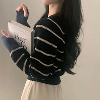 Autumn And Winter Contrast Color Striped Crew Neck Pullover Sweater