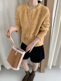 Metal Buckle Round Neck Knitted Cardigan Loose Casual