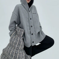 Plus Size Loose Hooded Drawstring Knitted Cardigan Sweater